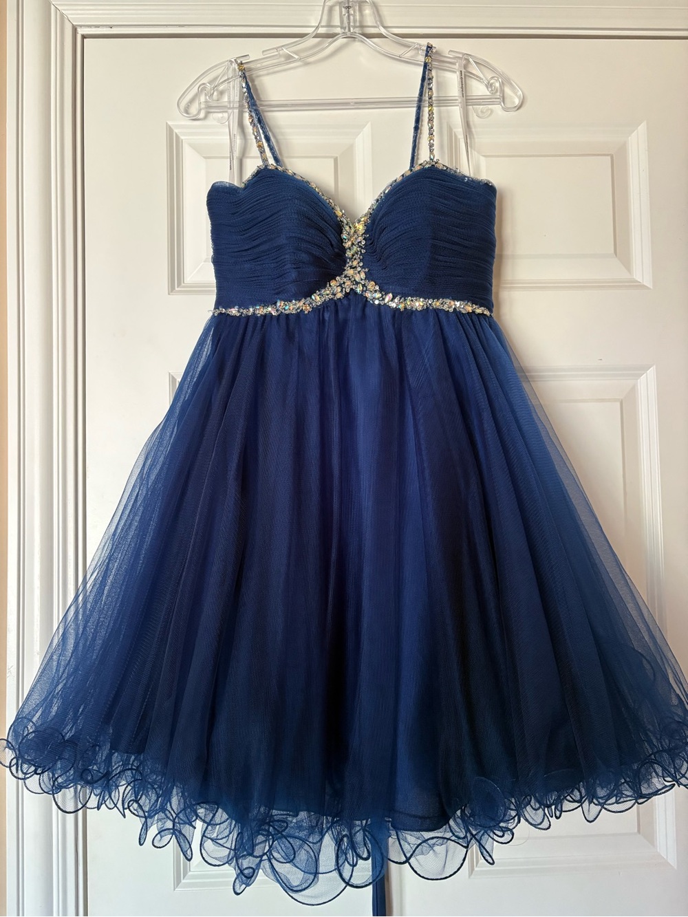 Navy Blue Tulle Spaghetti Strap Party Dress